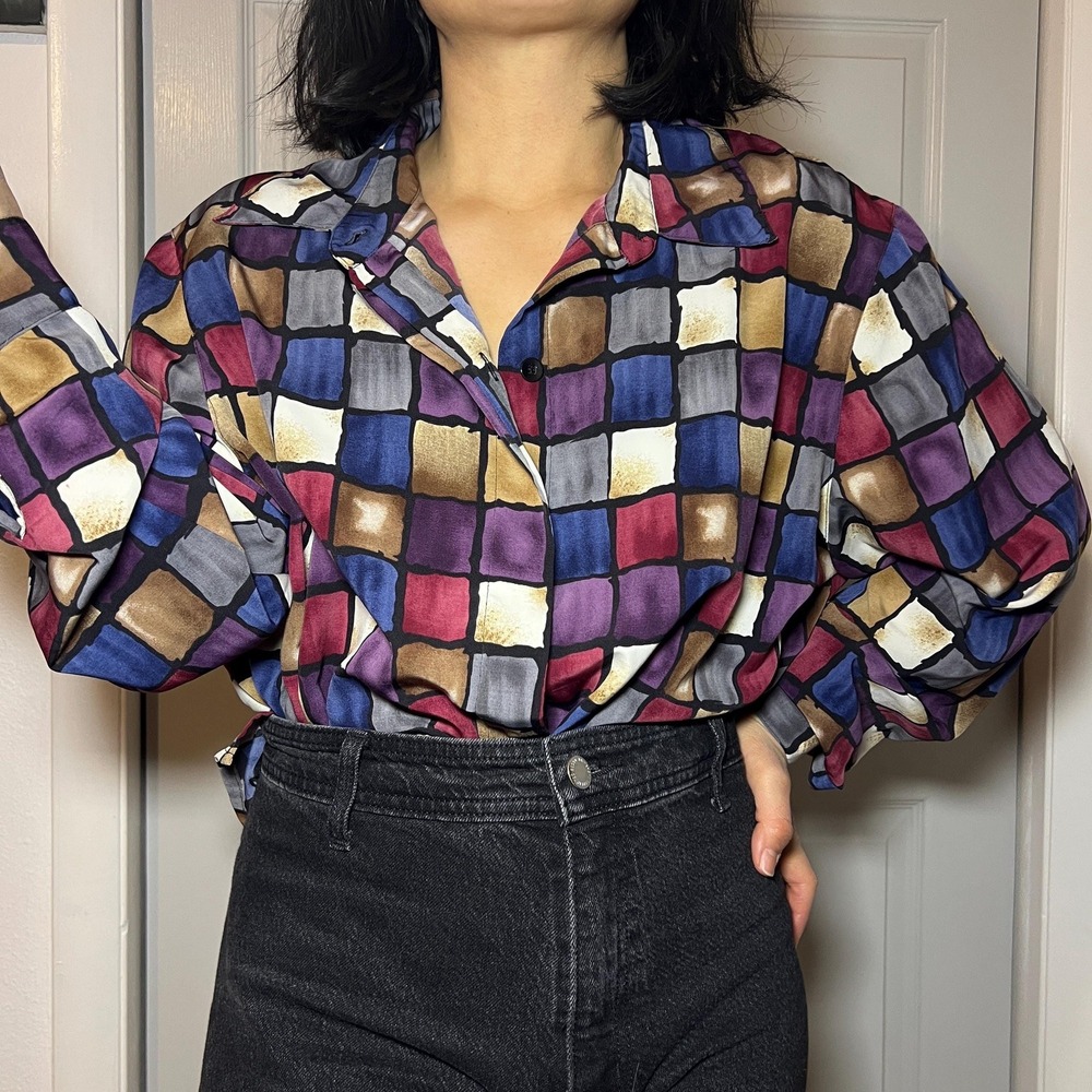 Vintage 90s Abstract Geometric Blouse Colorblock Button-Up Shirt Oversized retro